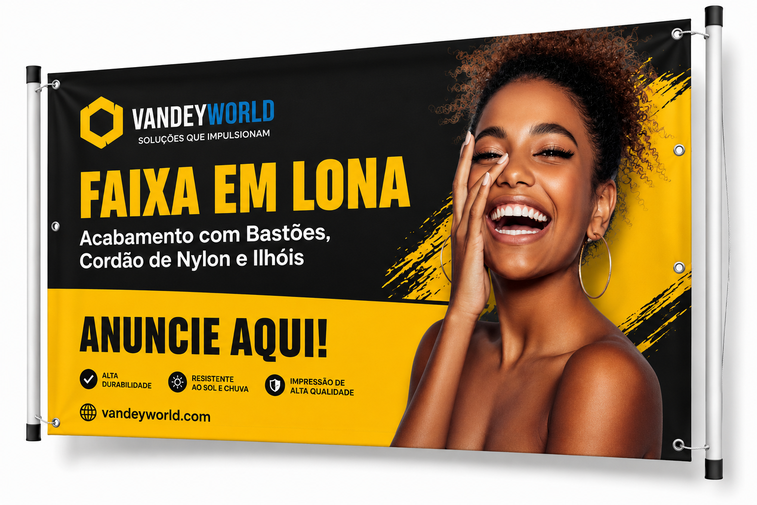 FAIXA EM LONA COM BASTÃO EM MADEIRA - IMPRESSO 440G