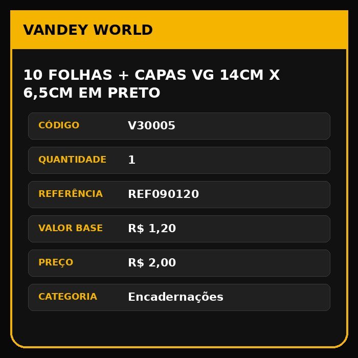 10 FOLHAS + CAPAS VG 14CM X 6,5CM EM PRETO