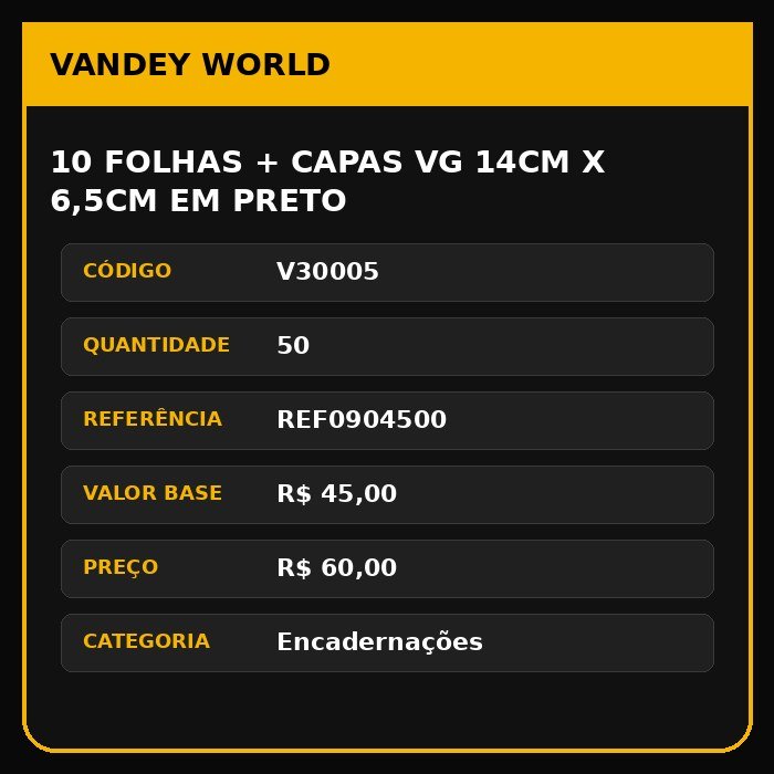 10 FOLHAS + CAPAS VG 14CM X 6,5CM EM PRETO