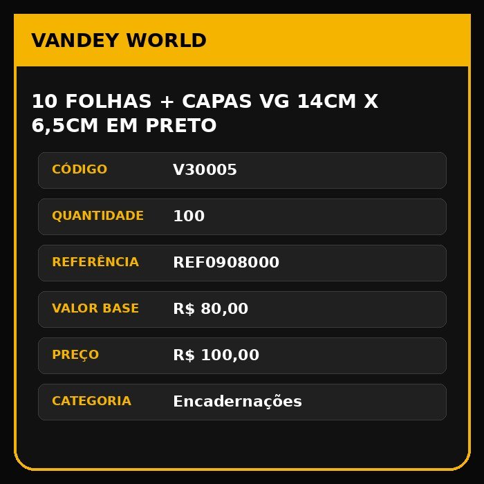 10 FOLHAS + CAPAS VG 14CM X 6,5CM EM PRETO