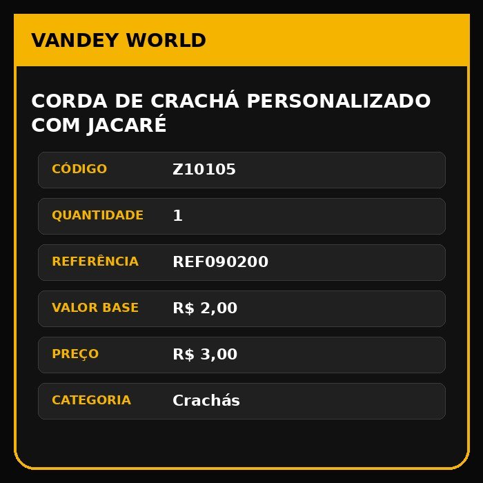 CORDA DE CRACHÁ PERSONALIZADO COM JACARÉ