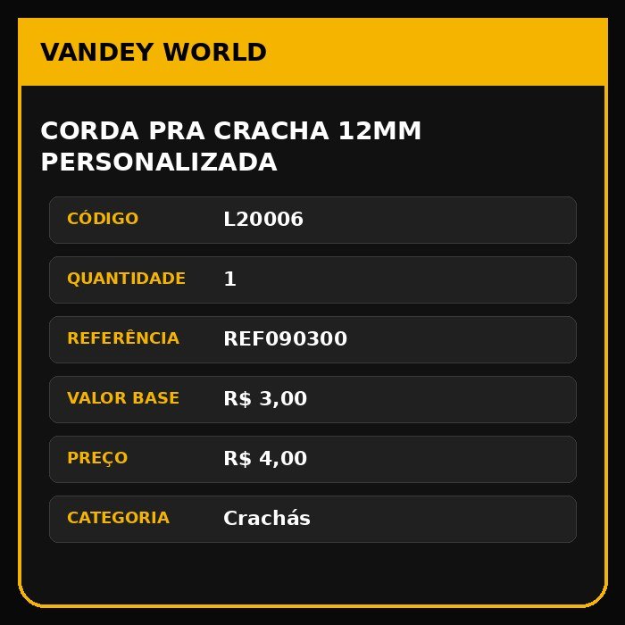 CORDA PRA CRACHA 12MM PERSONALIZADA